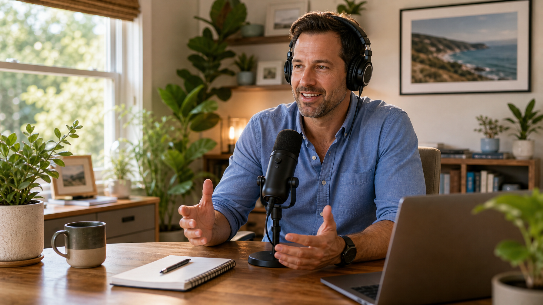 Host recording a podcast interview in a tidy home office with USB mic and plants
