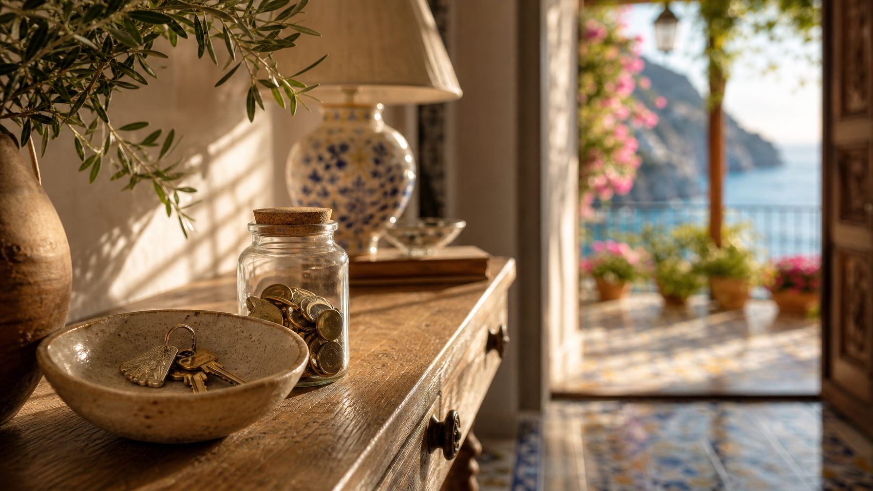 House keys in a ceramic bowl beside a small glass jar of coins on a sunlit vacation home entry table