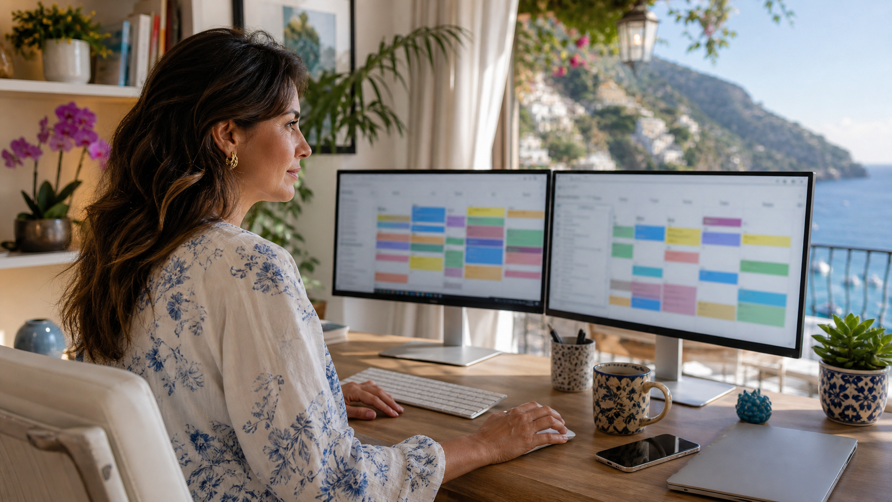 Woman vacation rental host reviewing blurred multi-channel calendar blocks on dual monitors in a daylight home office