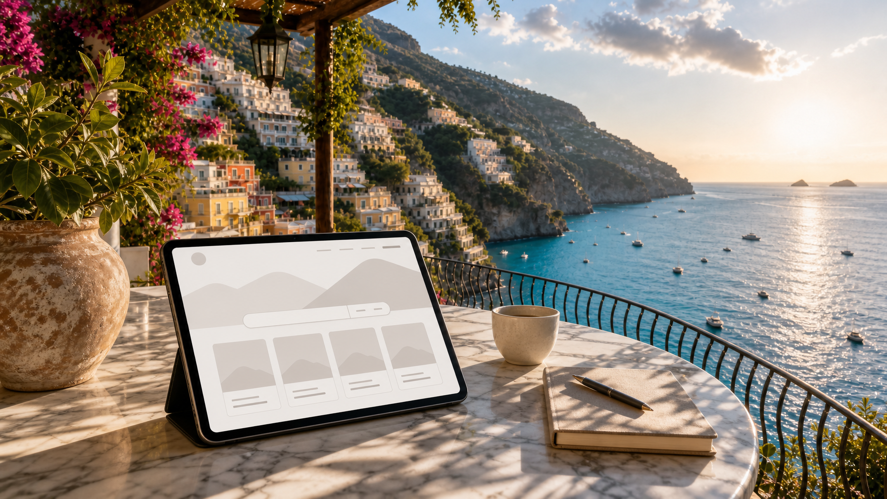 Tablet on a marble table showing a clean abstract direct booking website wireframe beside a plant and coffee