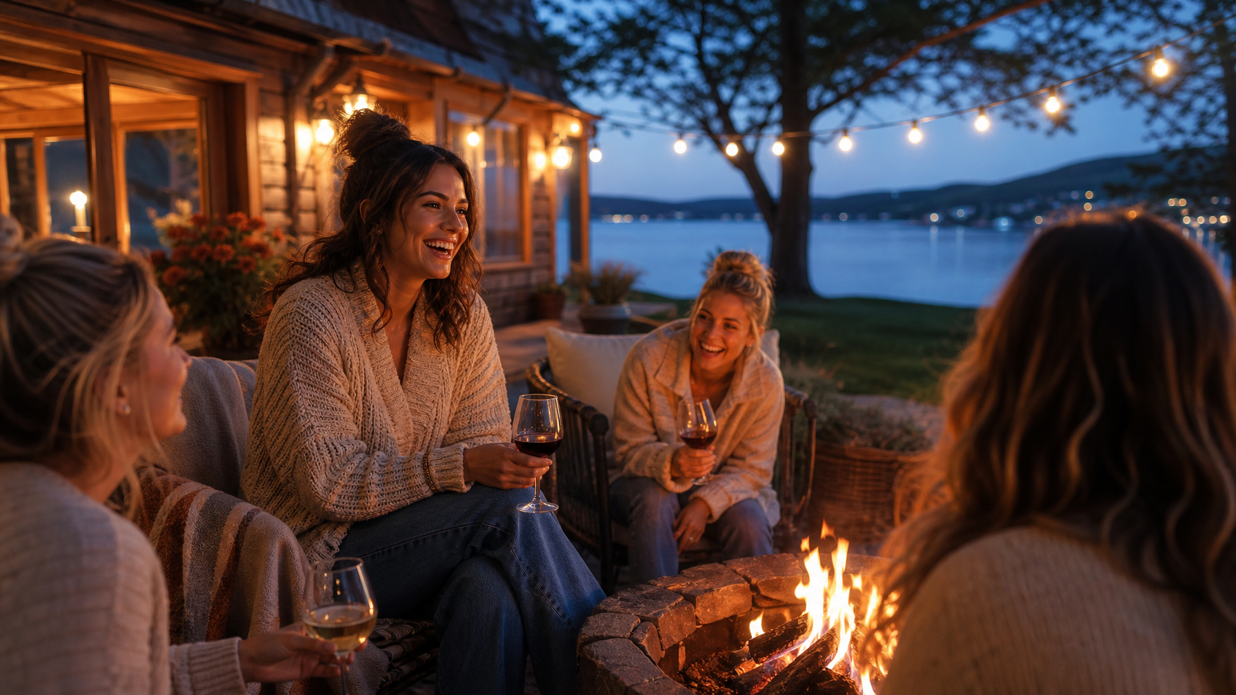 Friends at lake house fire pit evening string lights