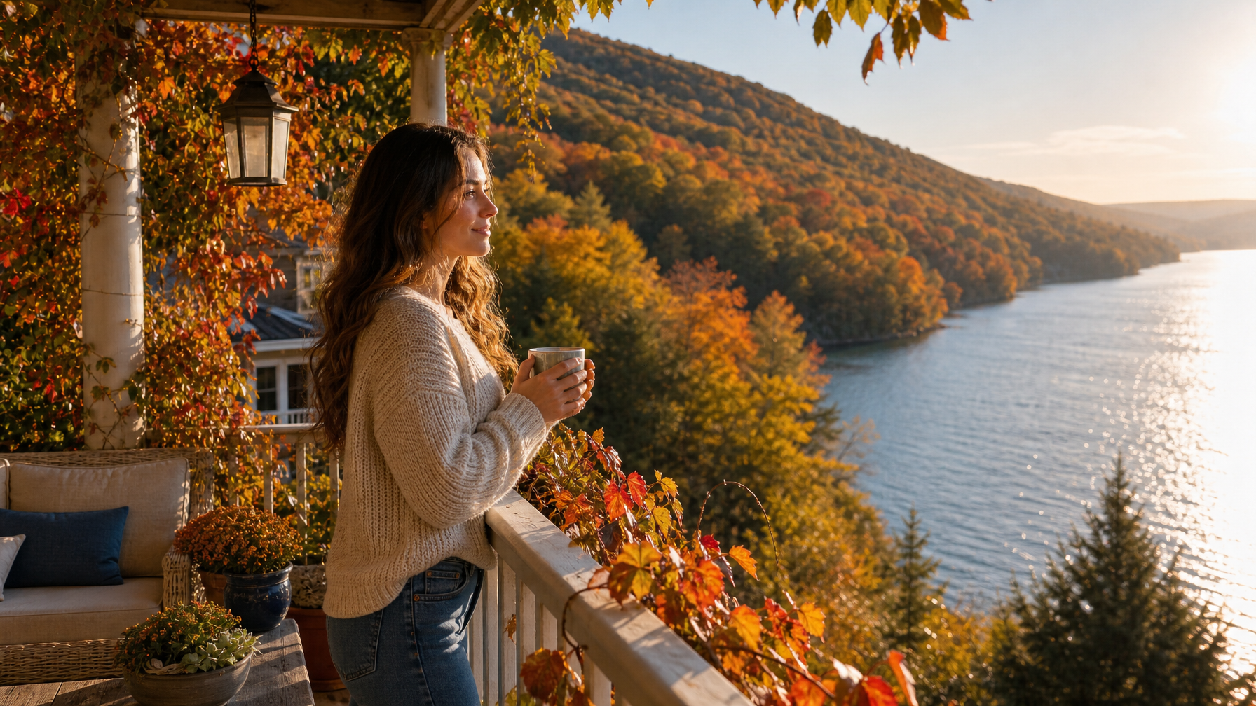 Finger Lakes porch view fall foliage colorful hills