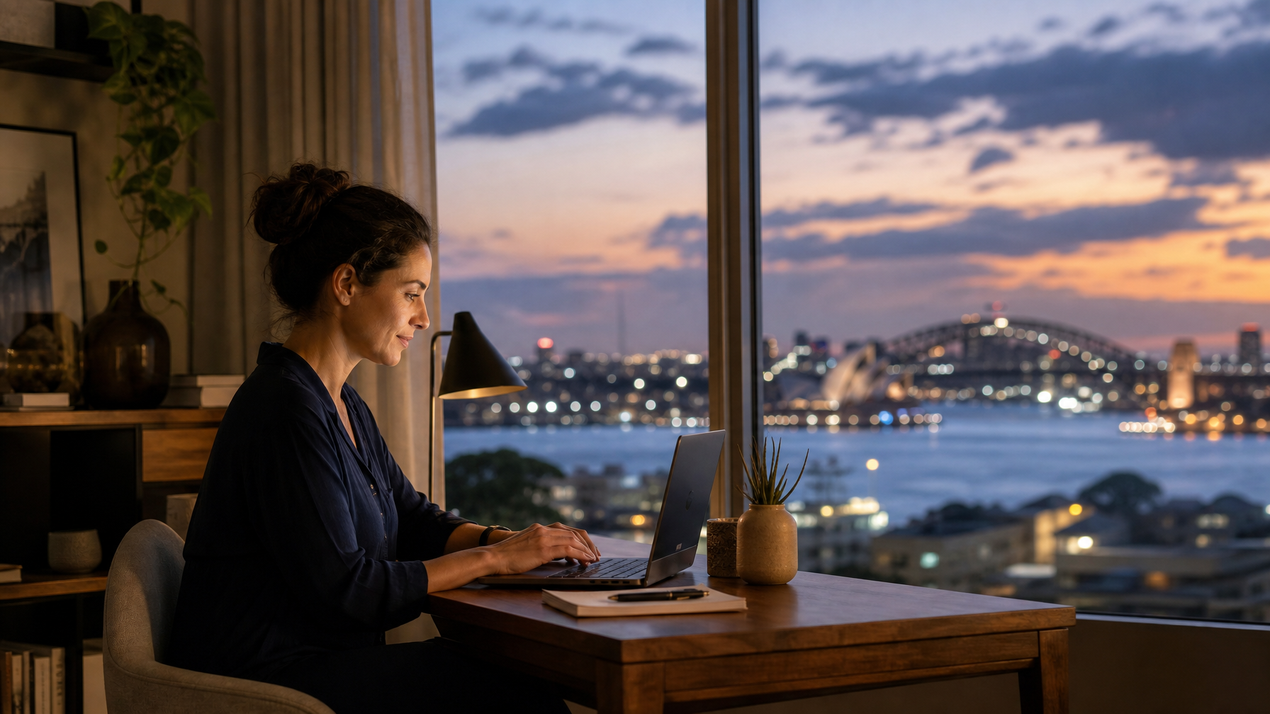 Woman working at a desk by a window with soft Sydney Harbour evening lights outside