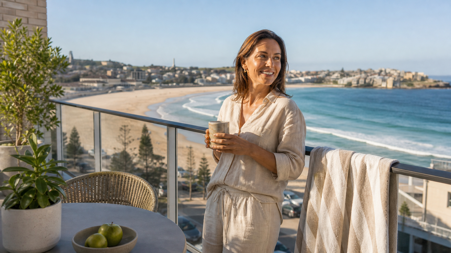 Woman on a Bondi apartment balcony overlooking the beach and Pacific Ocean morning light Sydney vacation rental