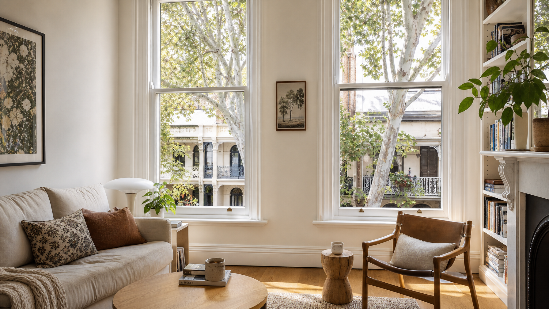 Bright Surry Hills style terrace living room with tall windows plants and warm wood floors Sydney rental
