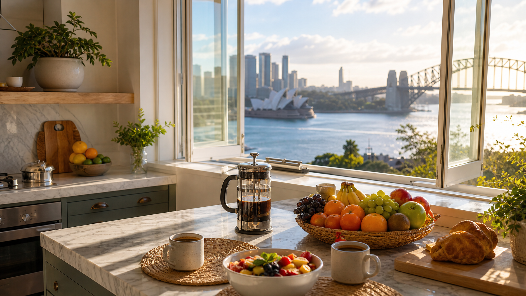 Sunny Sydney vacation rental kitchen with fruit coffee and morning light for fee-free stays