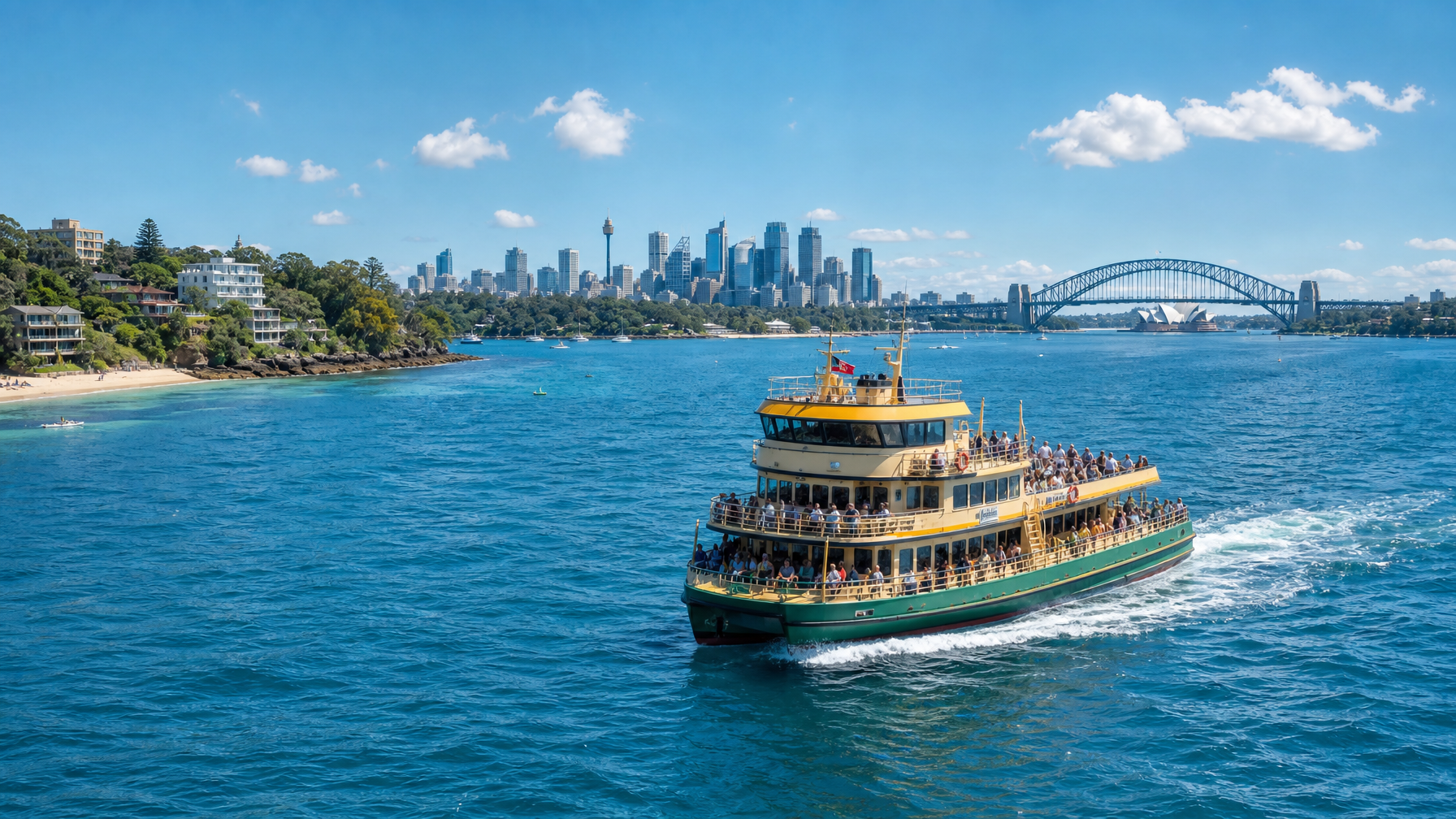 Passenger ferry crossing bright blue Sydney Harbour on a clear day