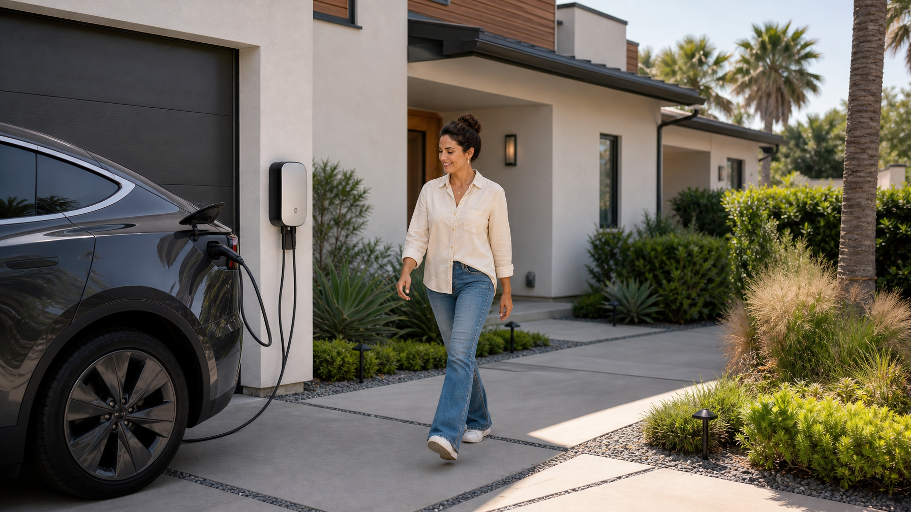 EV charger on driveway of modern vacation home daylight