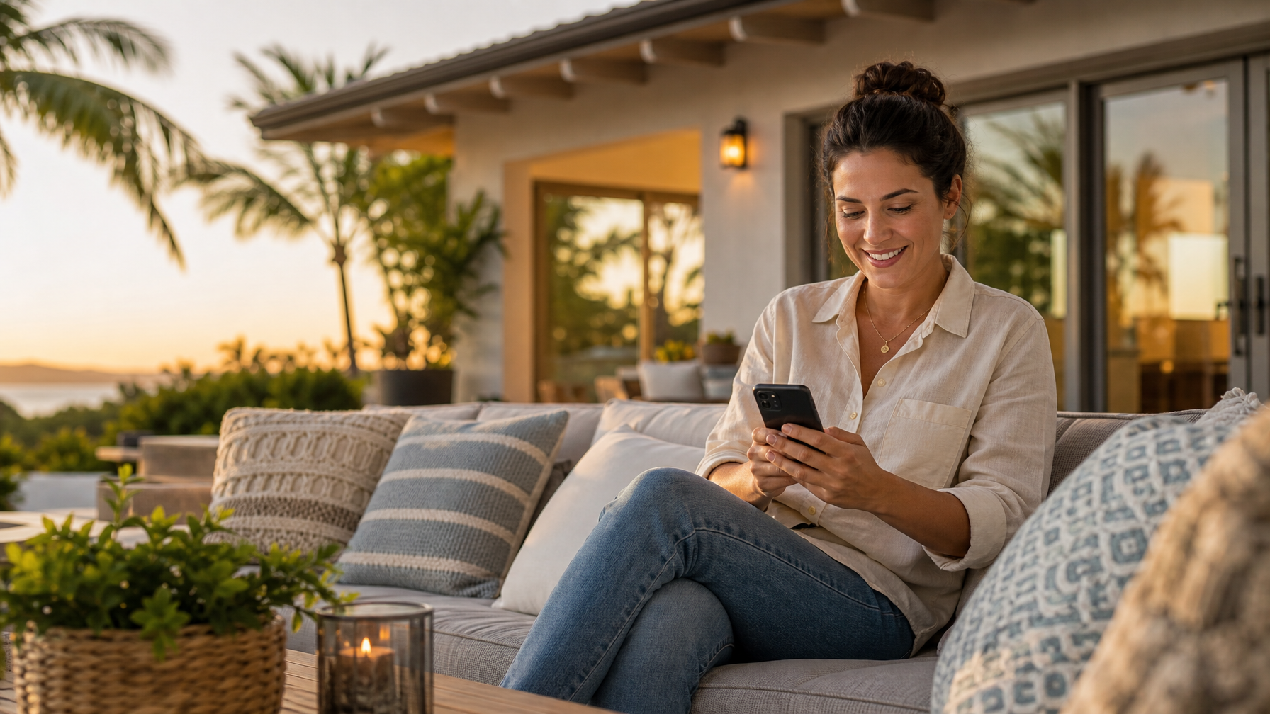 Host smiling at phone reviews outdoors at rental
