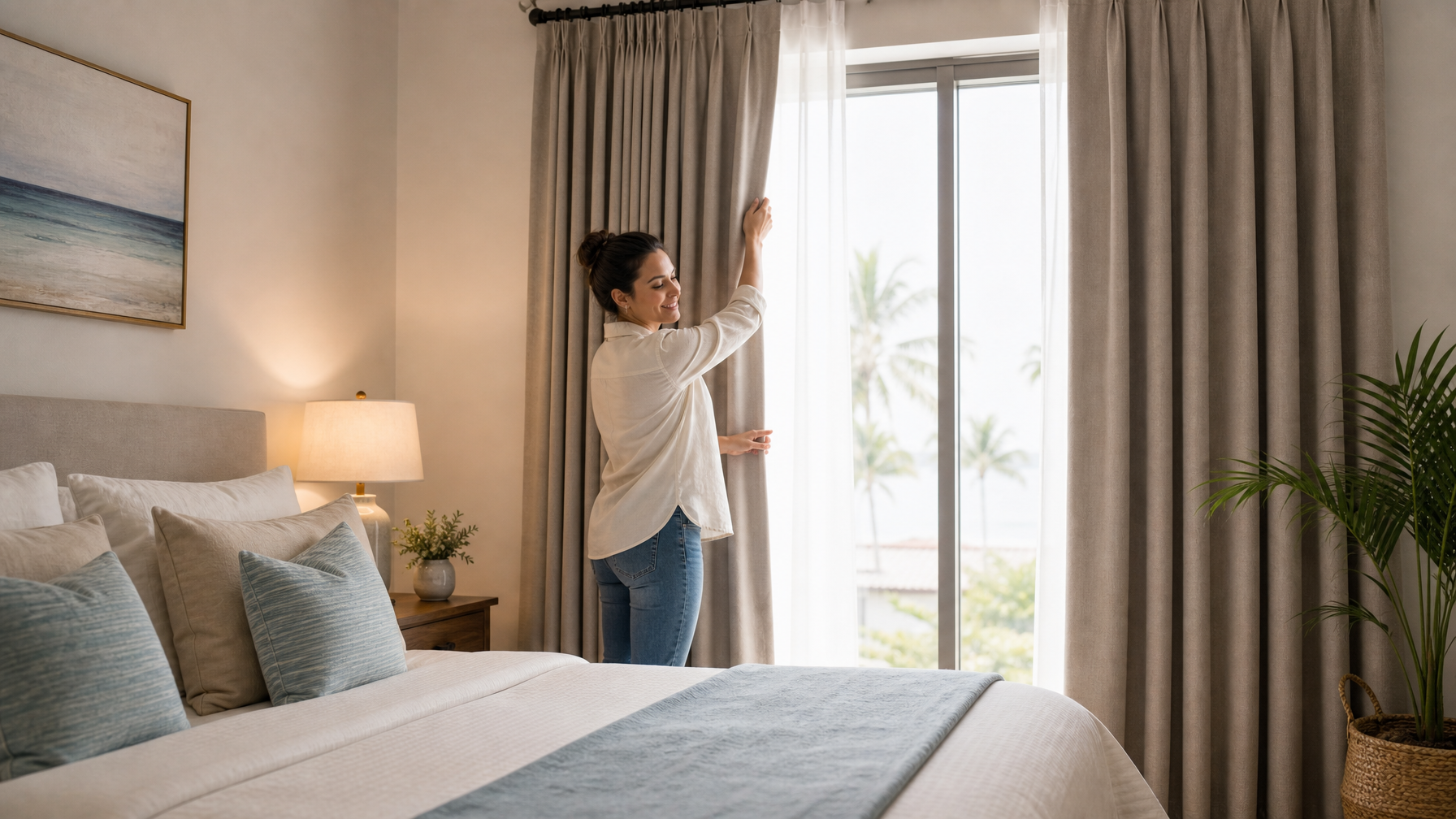 Bedroom with quality blackout curtains vacation rental upgrade
