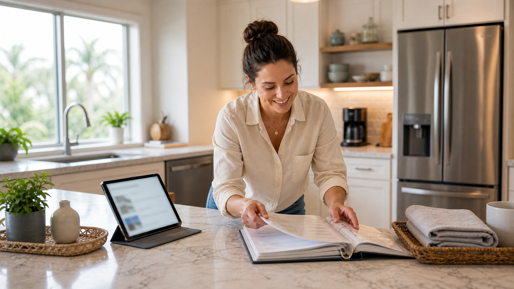 Welcome book and tablet showing amenities checklist on kitchen counter