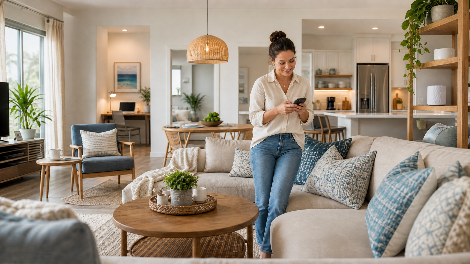 Mesh Wi-Fi system subtly placed in modern rental living room