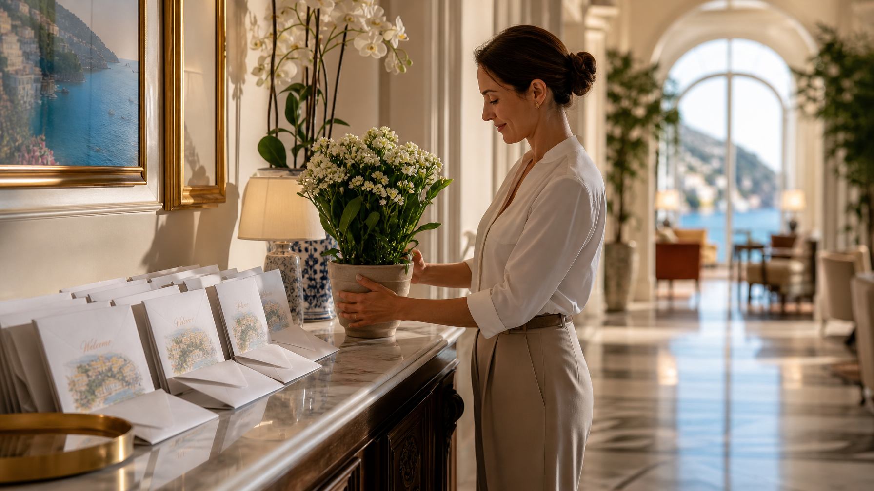 Polite printed neighbor note and welcome cards on console table