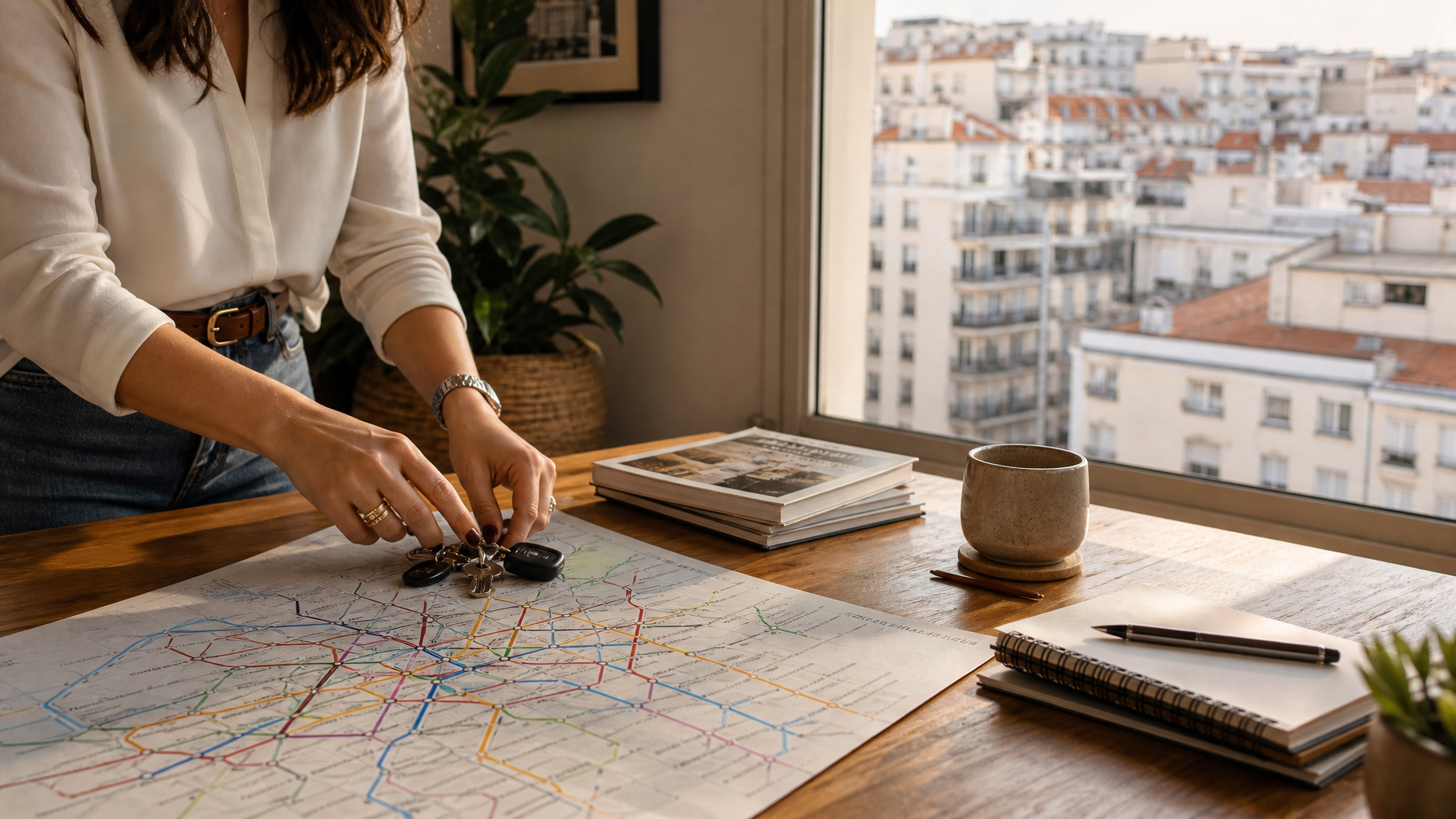Apartment keys beside printed metro map Madrid planning