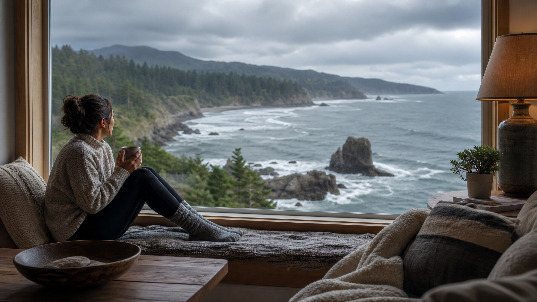 Female guest storm-watching from an Oregon coast cottage living room with ocean light