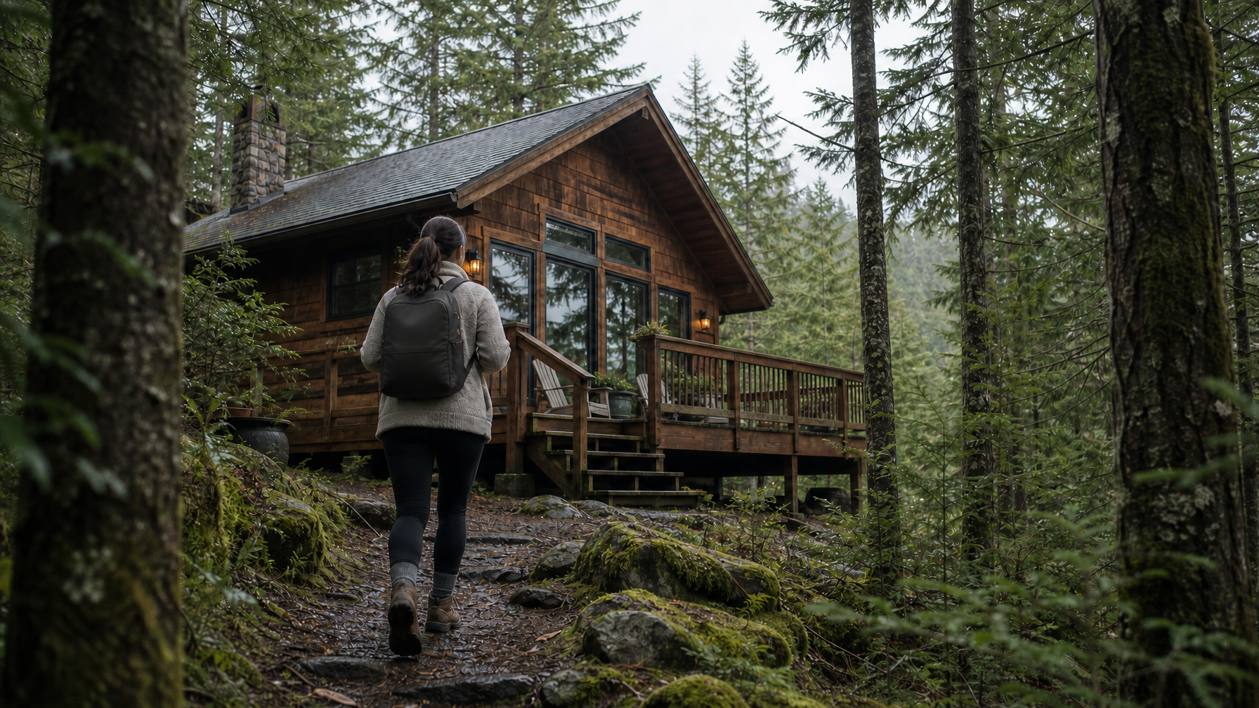 Female hiker approaching a cedar cabin among tall Pacific Northwest evergreens