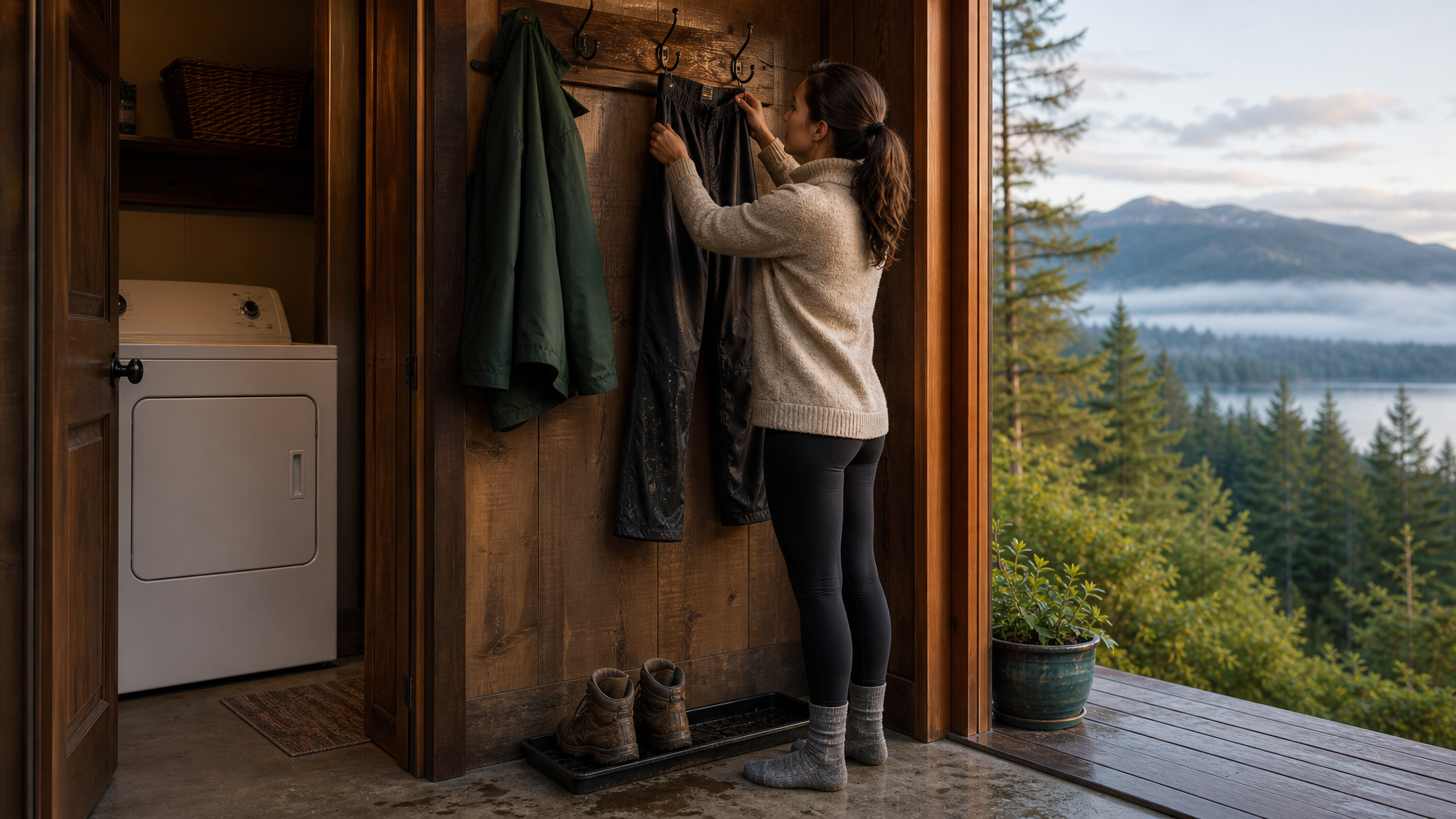 Female traveler hanging wet hiking gear in a Pacific Northwest cabin mudroom with dryer and boot tray