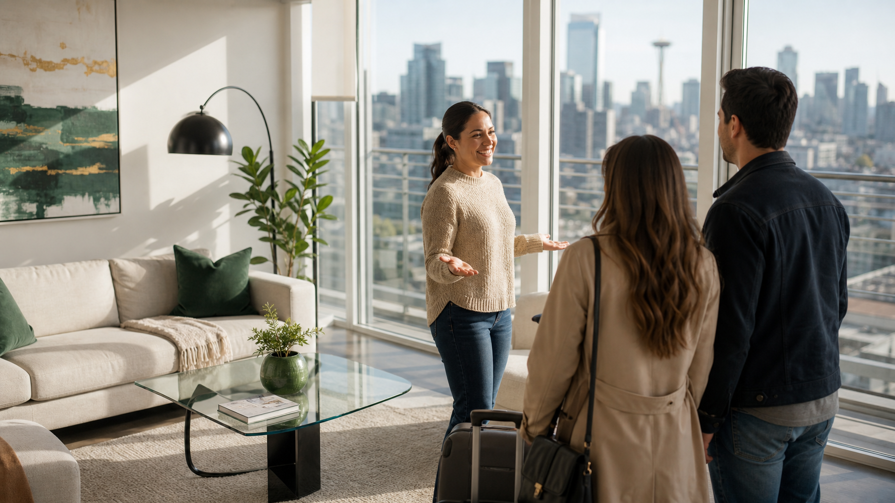 Female host welcoming guests in a bright modern Seattle condo with soft skyline views