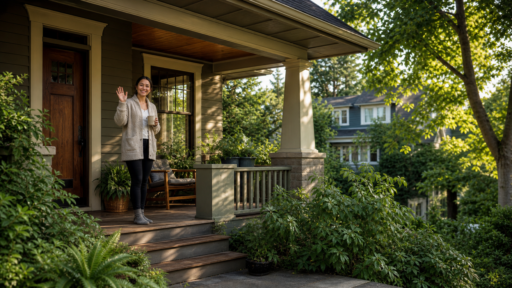 Female host waving from a craftsman bungalow porch on a leafy Portland street