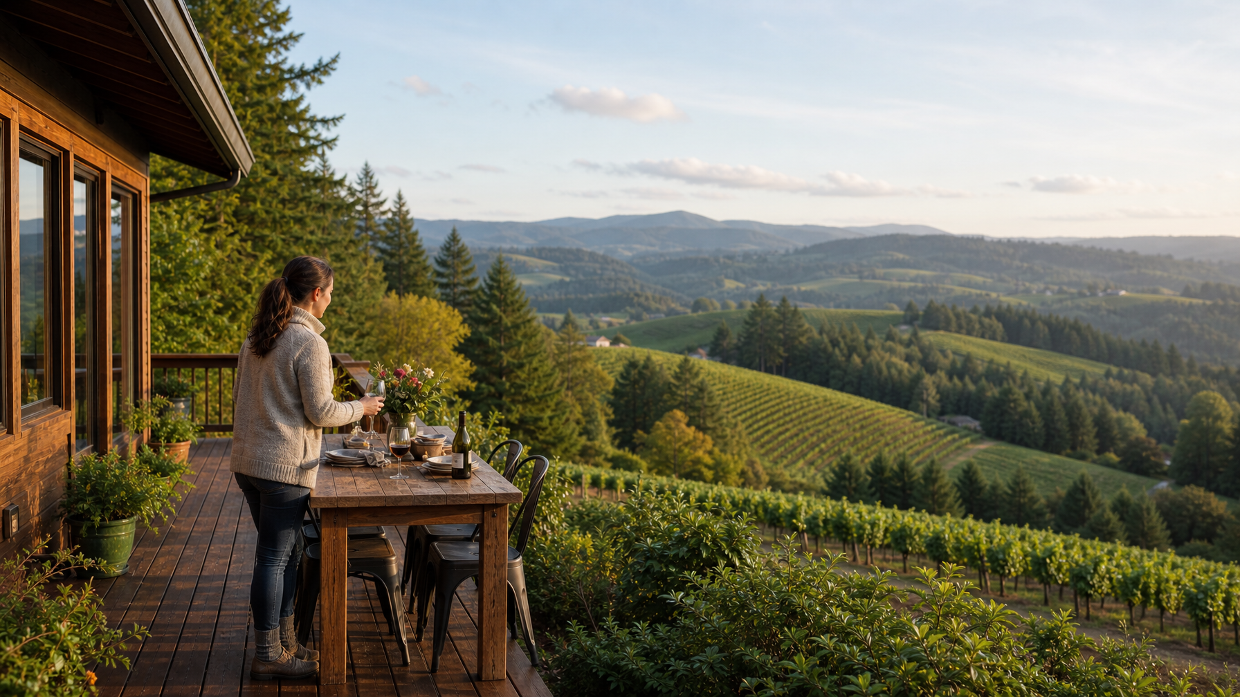 Female host on a wooden deck overlooking green Willamette Valley vineyard hills