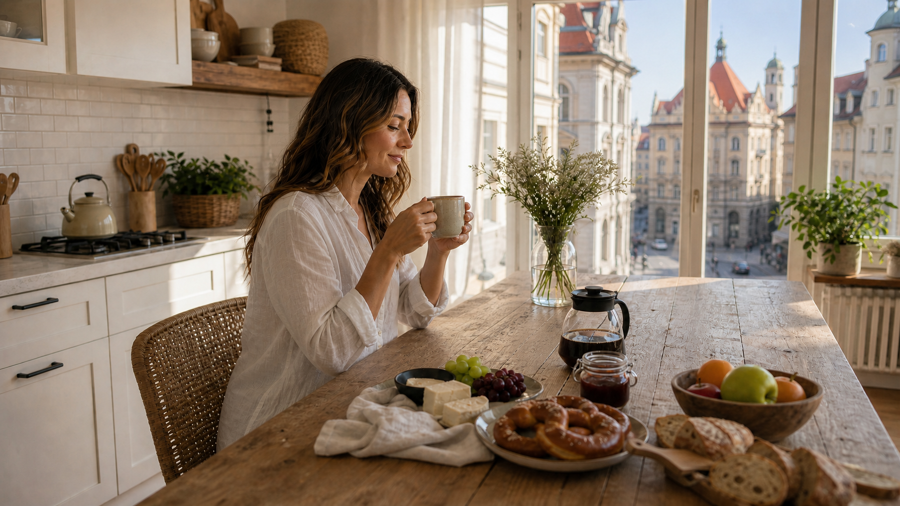 Woman enjoying pretzels bread cheese and coffee at a Munich apartment kitchen table