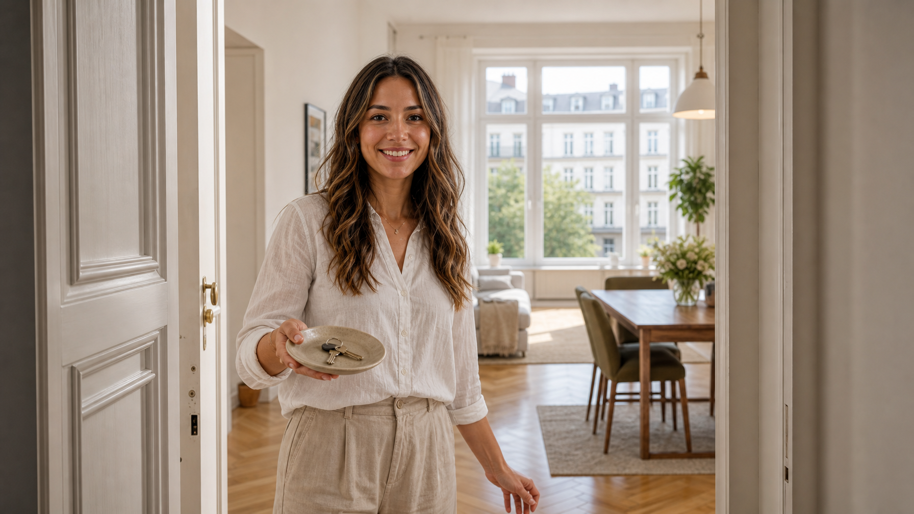 Female vacation rental host welcoming guests at a bright Munich apartment doorway with keys