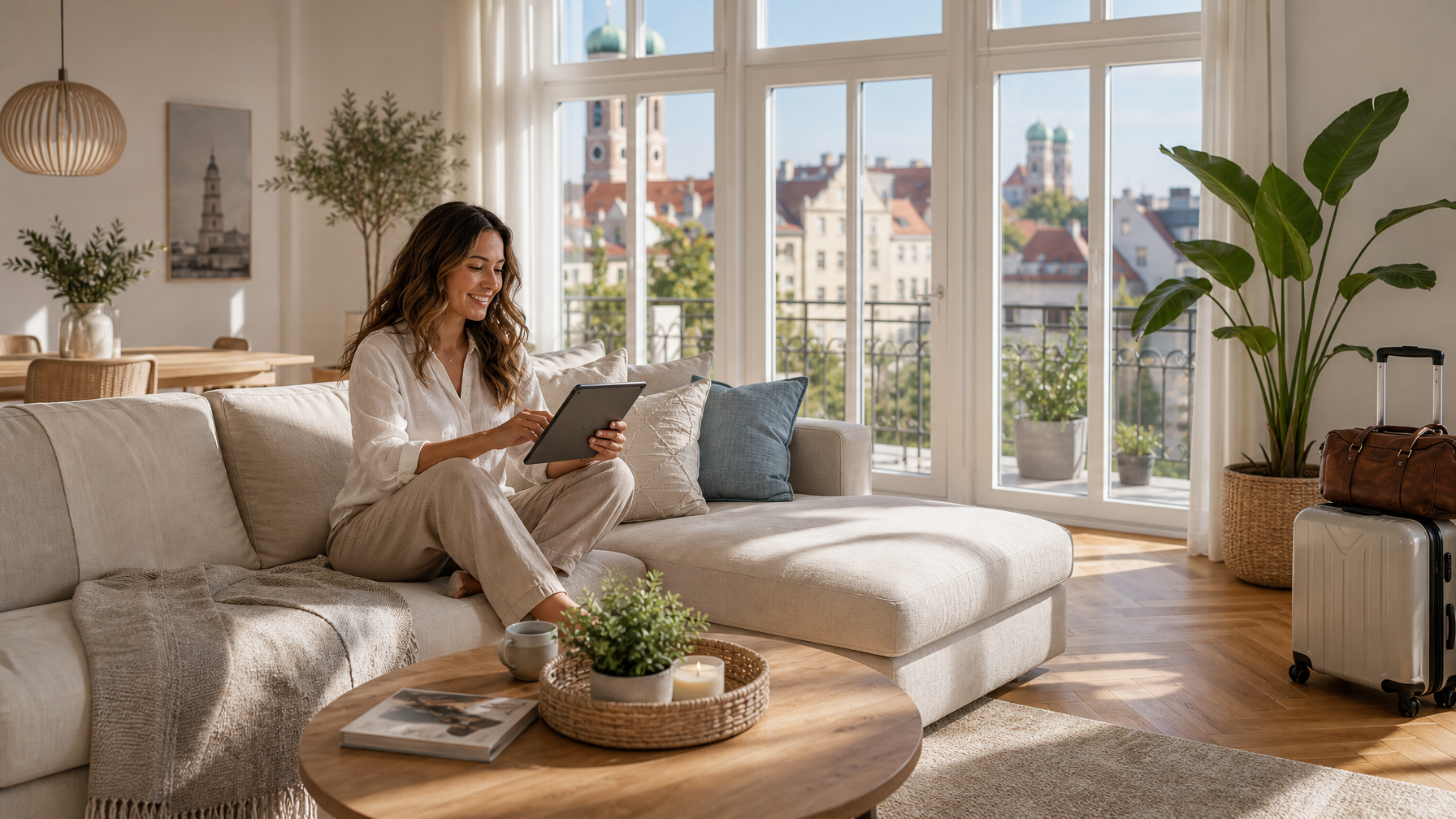 Bright Munich vacation rental living room with a woman on the sofa and city views through large windows
