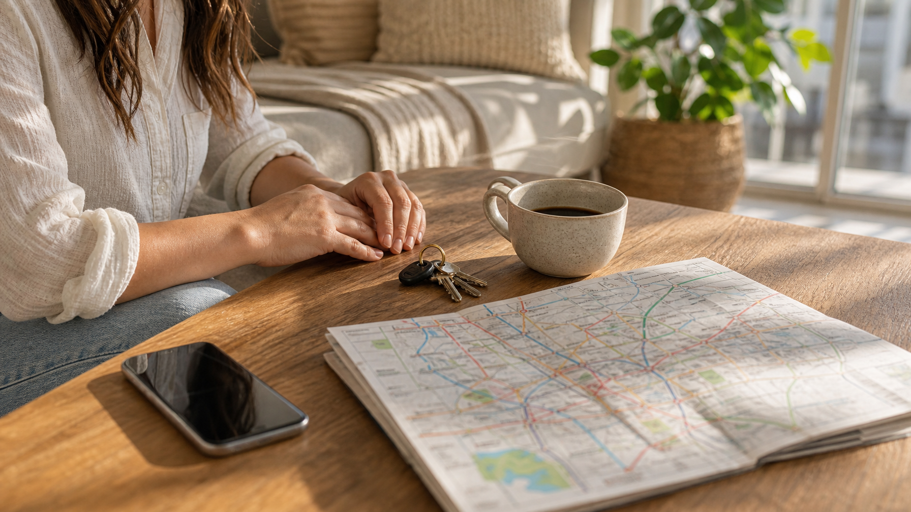Woman's hands with apartment keys and a transit map on a wooden table while planning a Munich stay