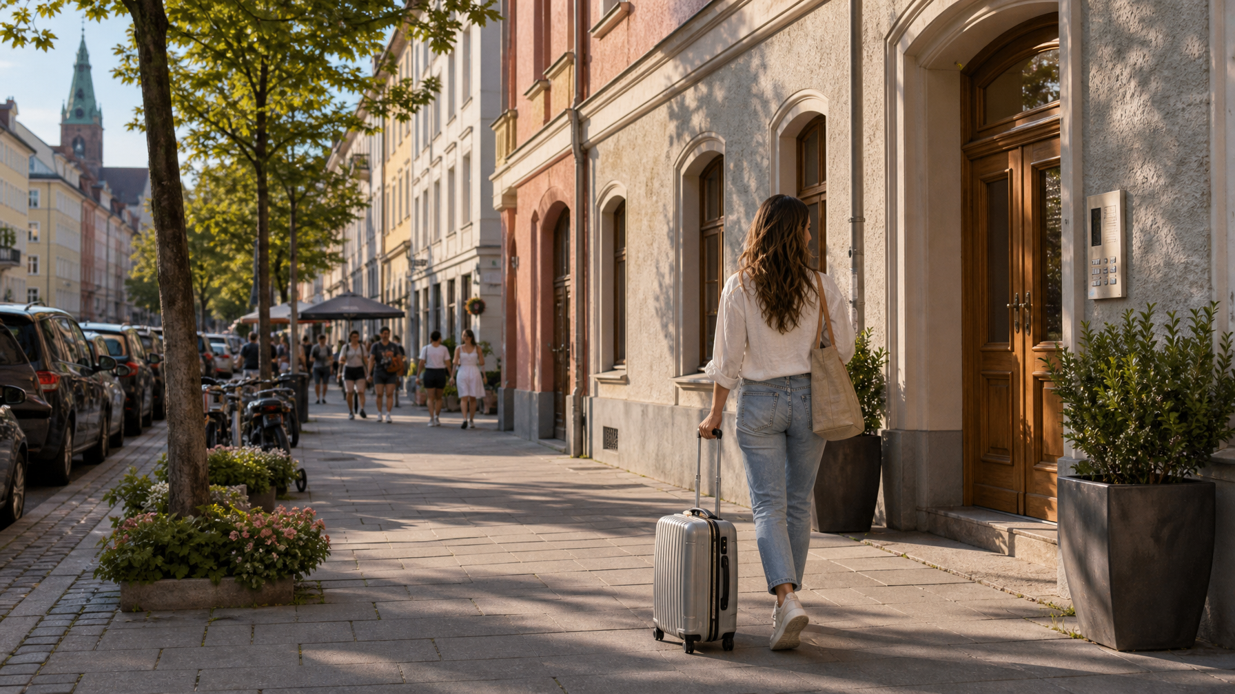 Traveler with suitcase on a classic Munich residential street of stucco apartment facades