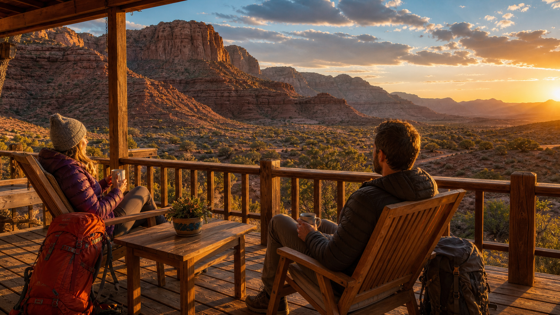Travelers with coffee and daypacks on a vacation rental deck overlooking Utah desert cliffs at sunrise
