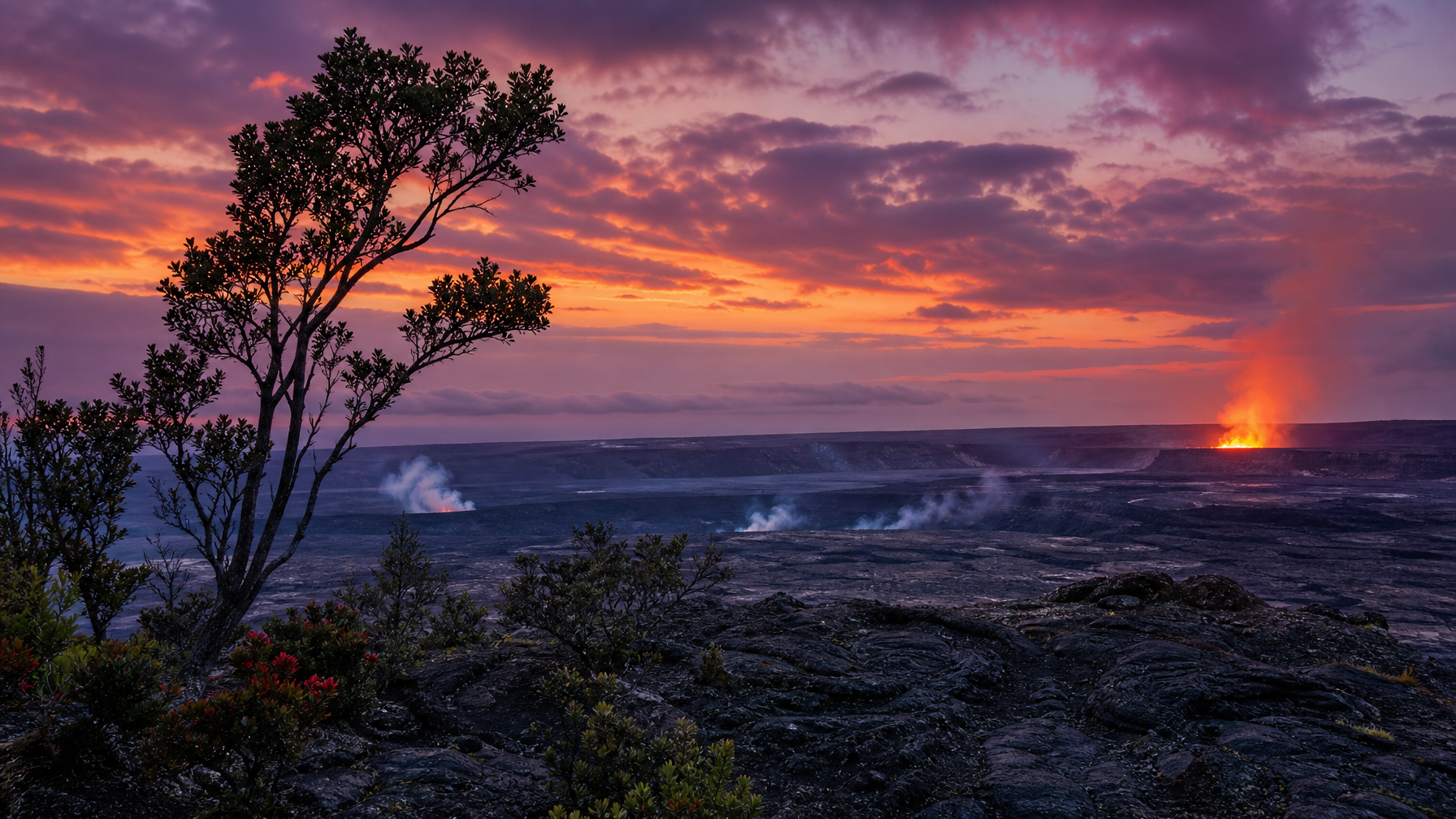 Hawaiʻi Island volcanic landscape with steam and dusk sky near Kīlauea