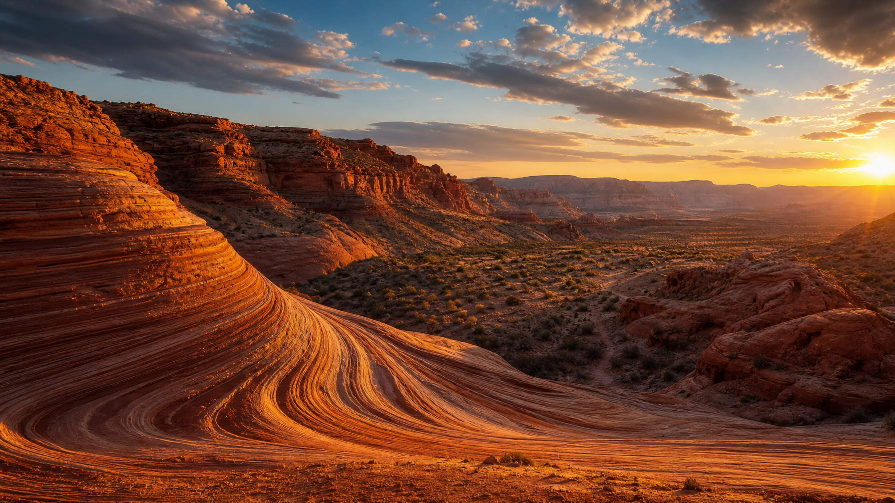 Layered red sandstone cliffs of the Vermilion Cliffs region at late afternoon