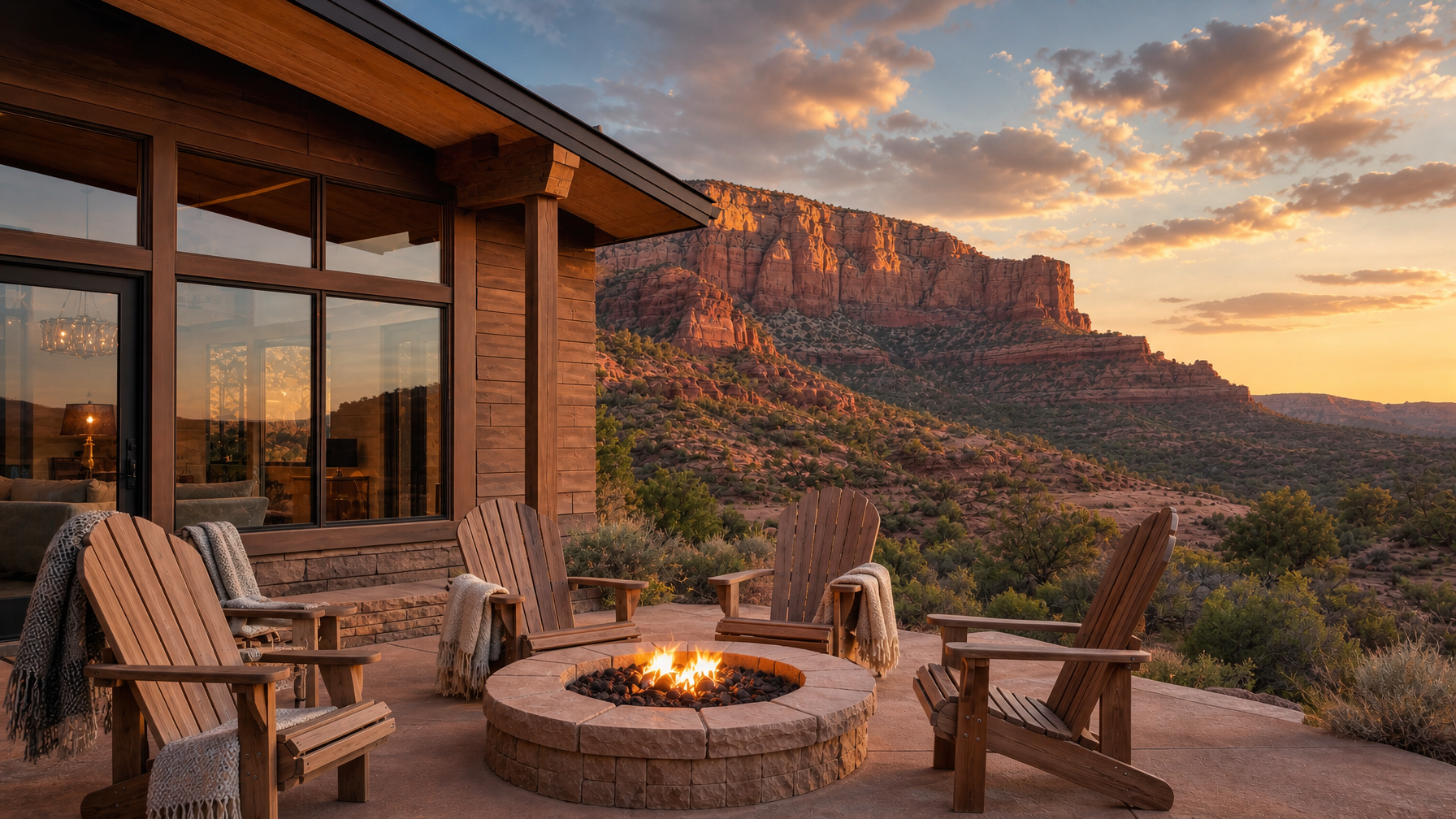 Modern desert vacation rental cabin facing red sandstone cliffs in southern Utah