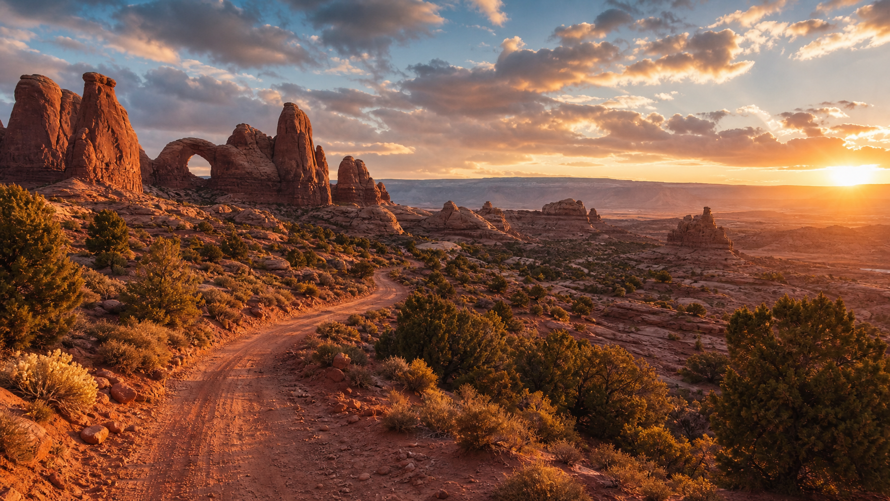 Dirt road toward Moab Utah red rock mesas at sunrise for canyon country road trips