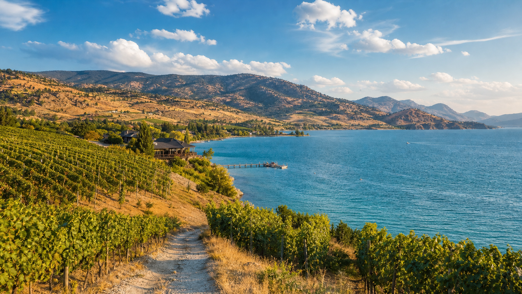 Okanagan Valley British Columbia lake shoreline and vineyard hills in summer
