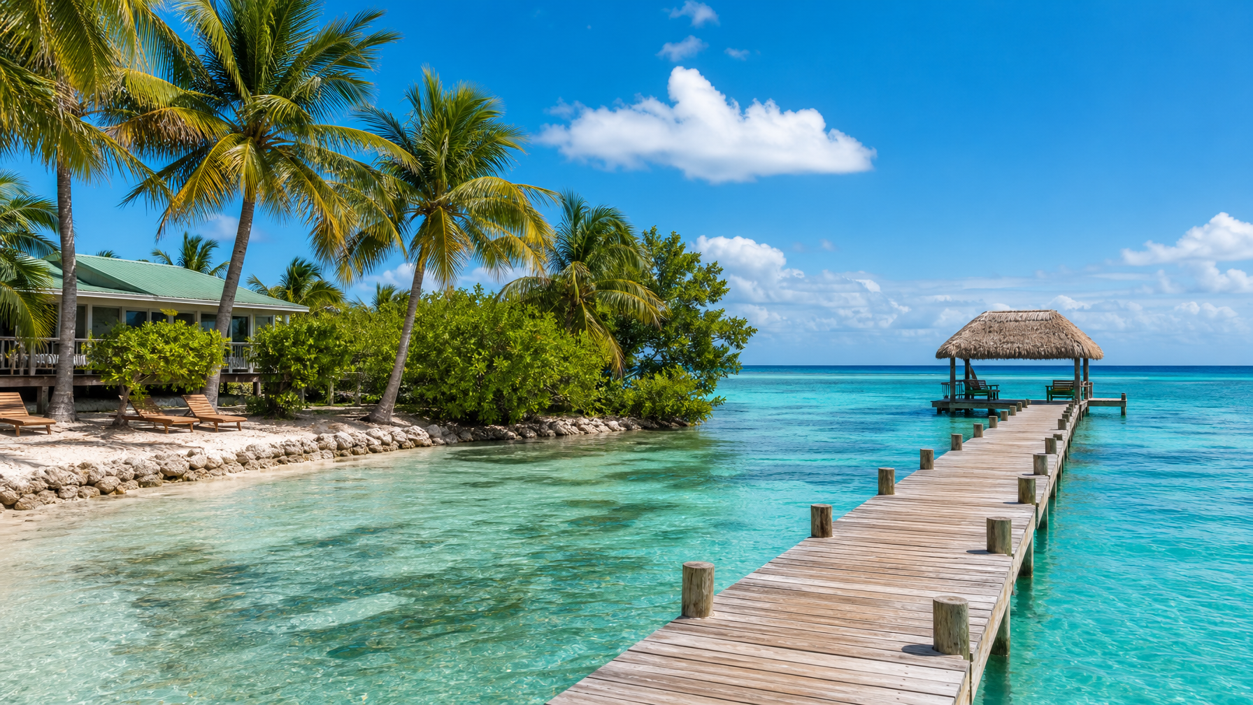 Belize Caribbean beach dock and turquoise lagoon near Ambergris Caye