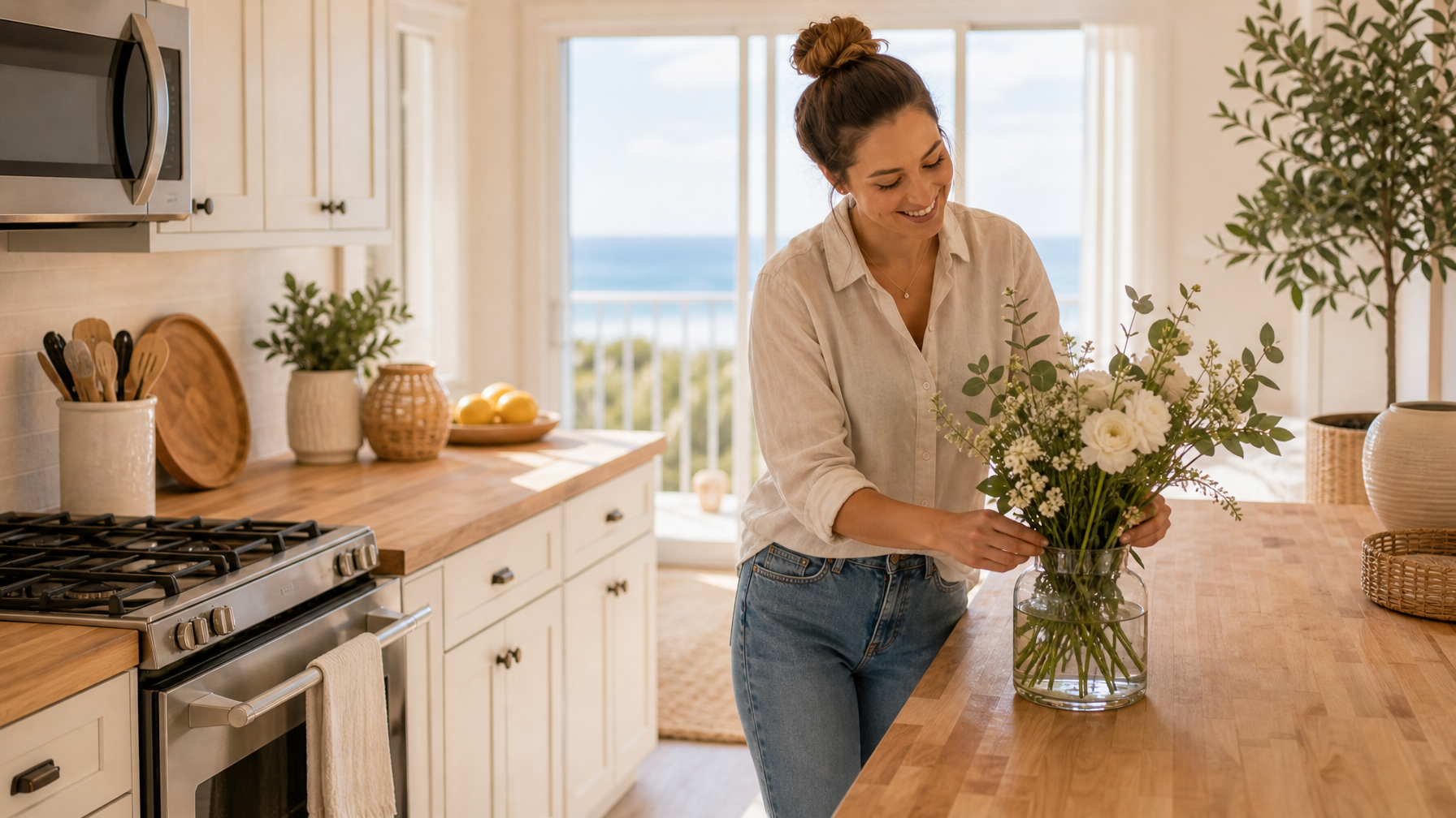 Bright vacation rental kitchen styled for vertical social photography