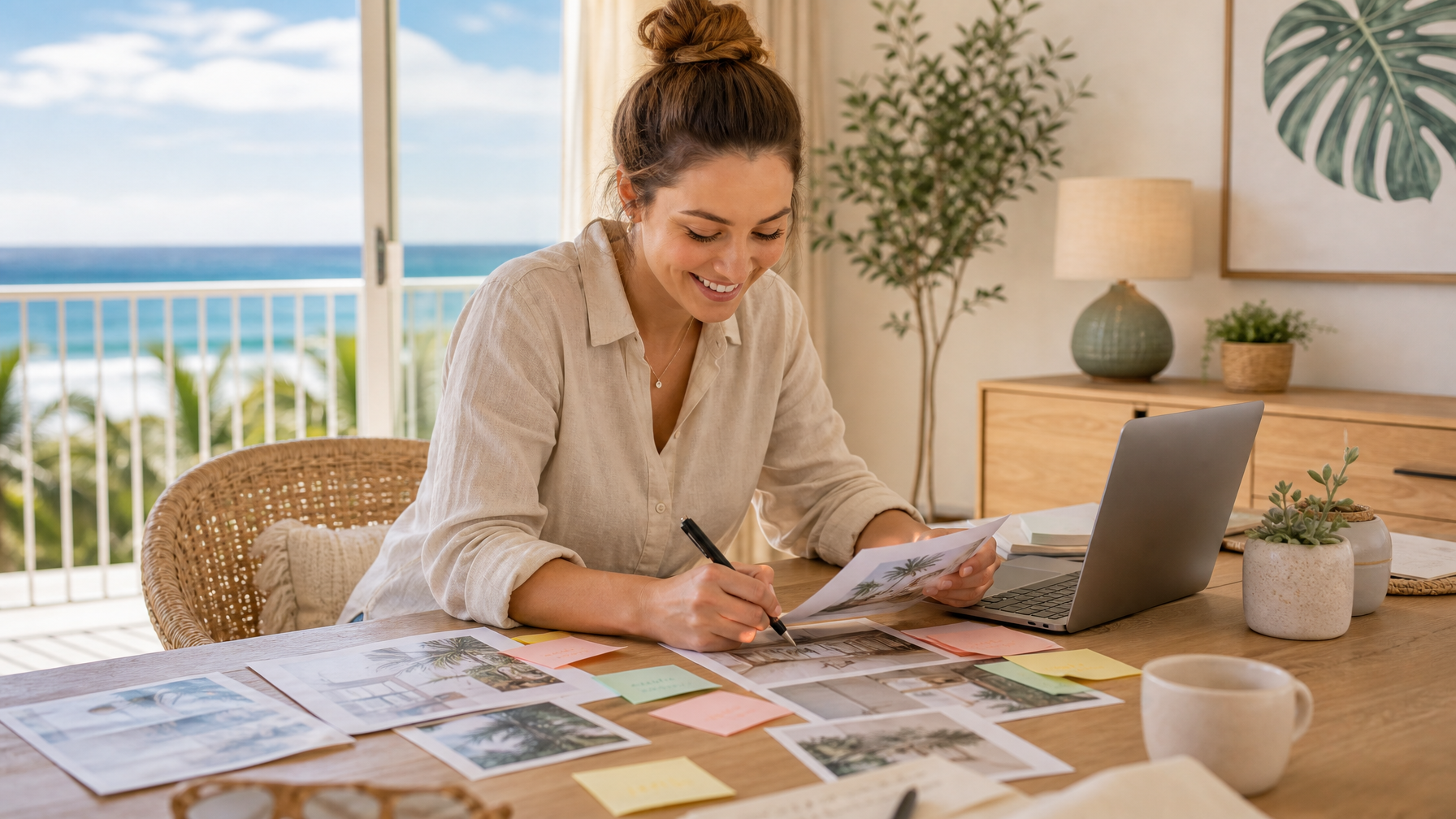 Designer desk with printed pin drafts and keyword notes