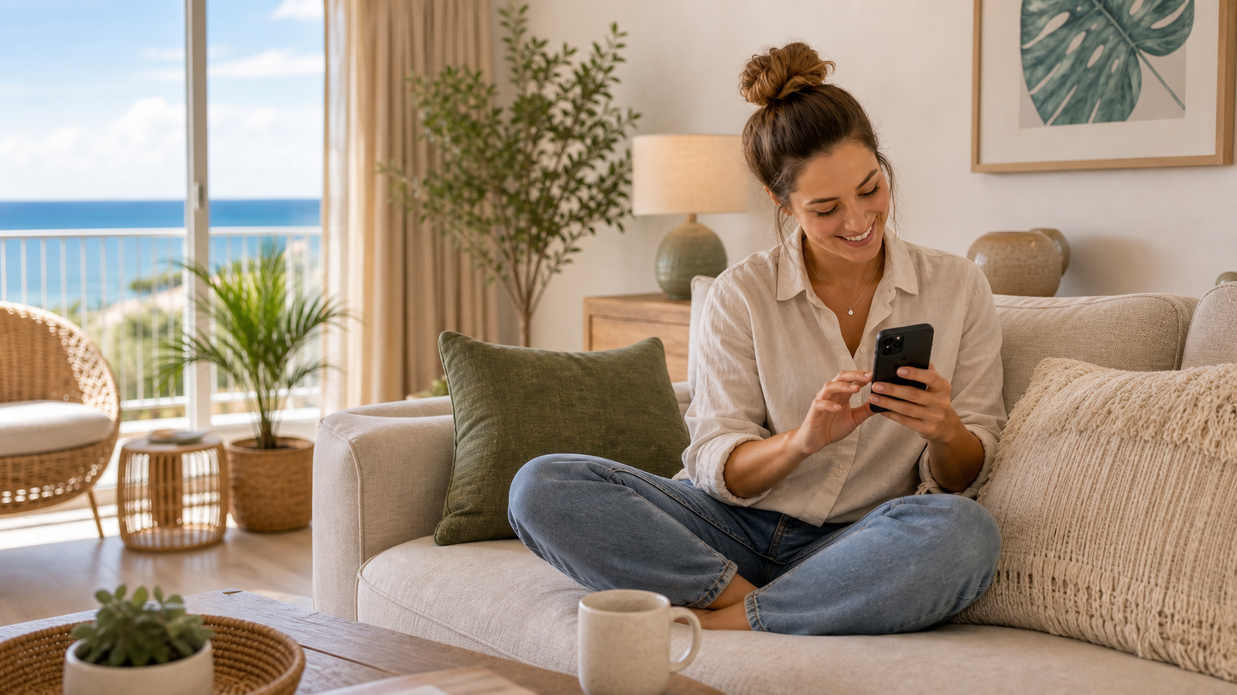 Host scheduling content on phone in bright rental living room
