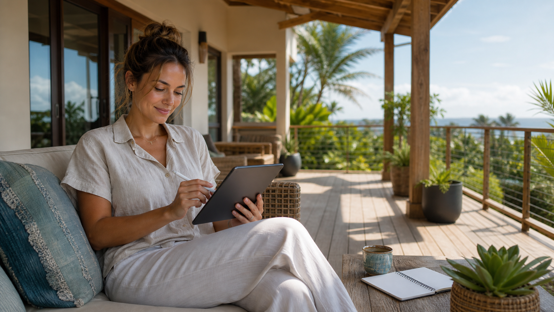 Confident female vacation rental host on a sunny porch reviewing a tablet checklist at her property