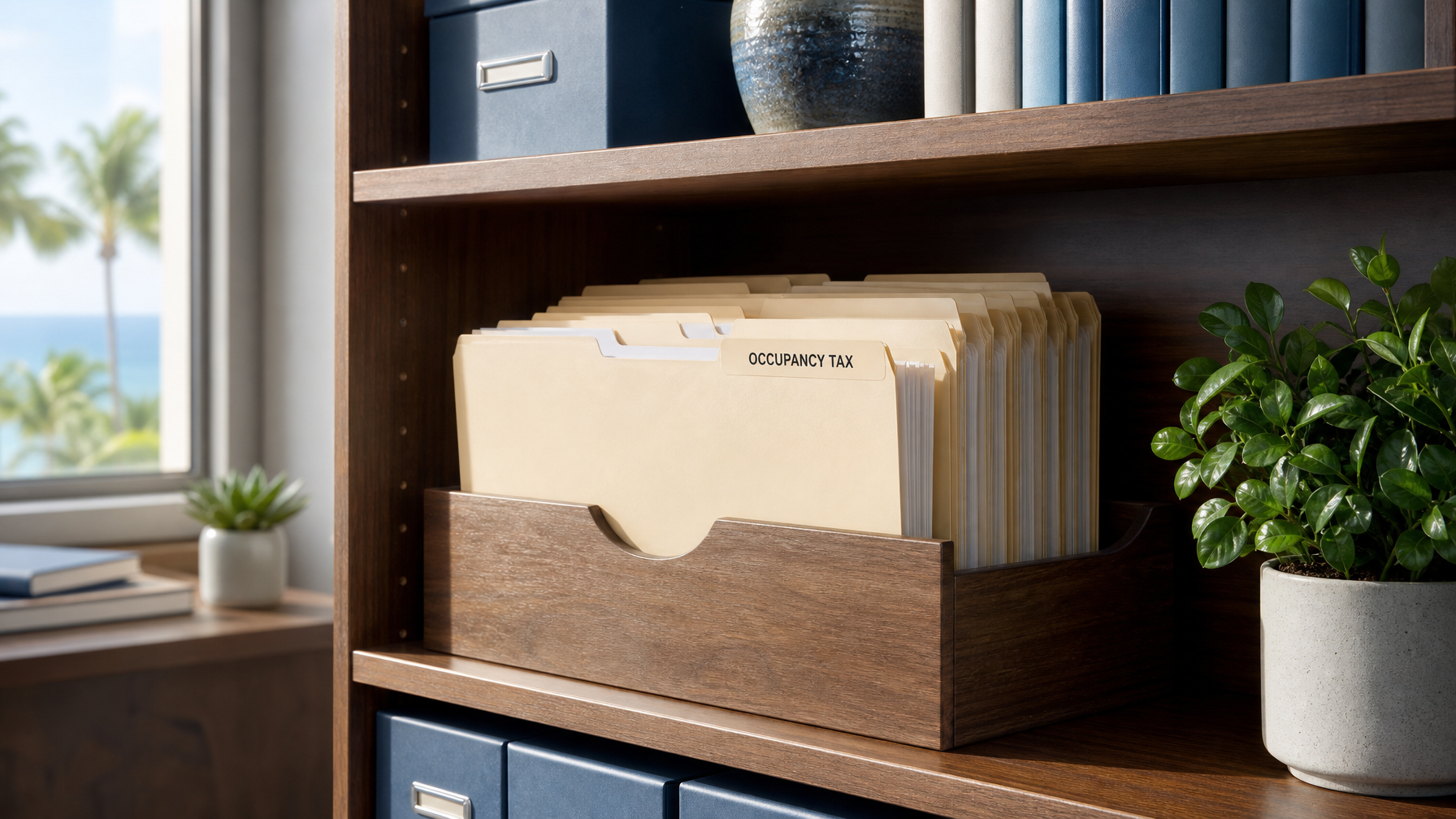 Organized office shelf with manila folders and a tab labeled occupancy tax for short-term rental compliance
