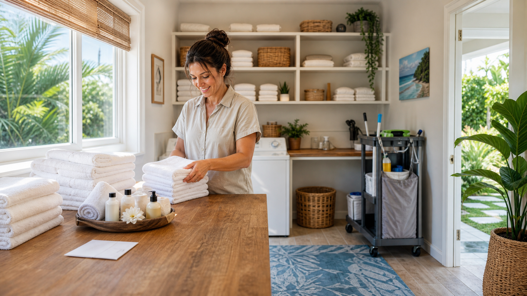 Female host organizing clean towels and rental supplies with a receipt envelope in a bright vacation rental laundry prep room