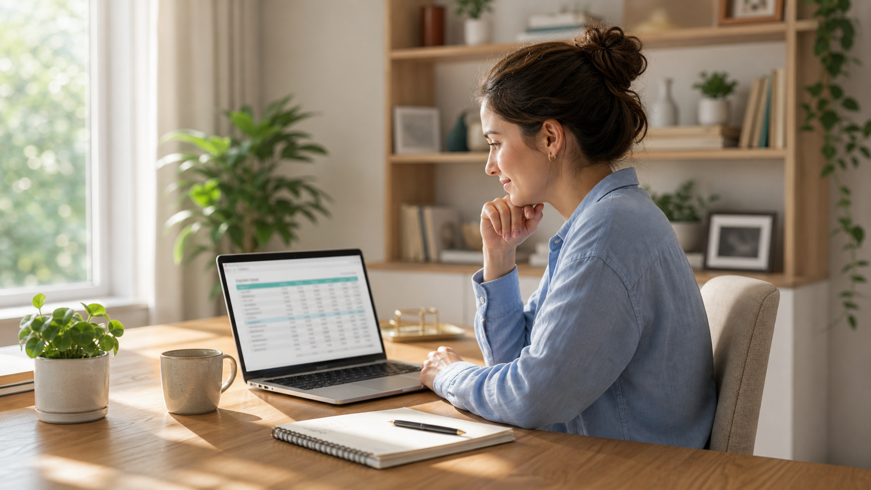 Female host reviewing a blurred generic spreadsheet of income and expense categories on a laptop in a bright home office