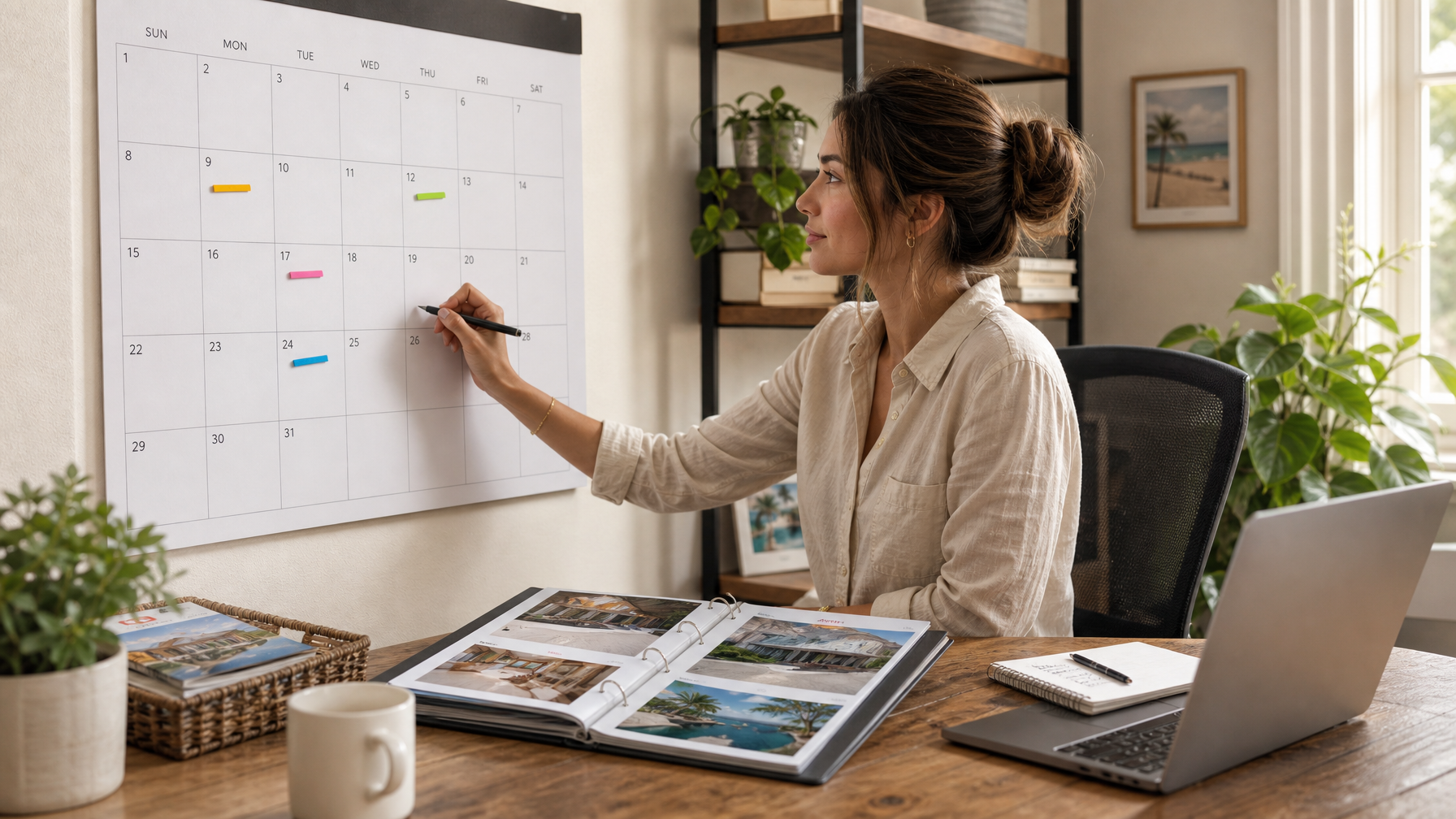 Female multi-property host planning tax filing dates on a wall calendar beside a property binder