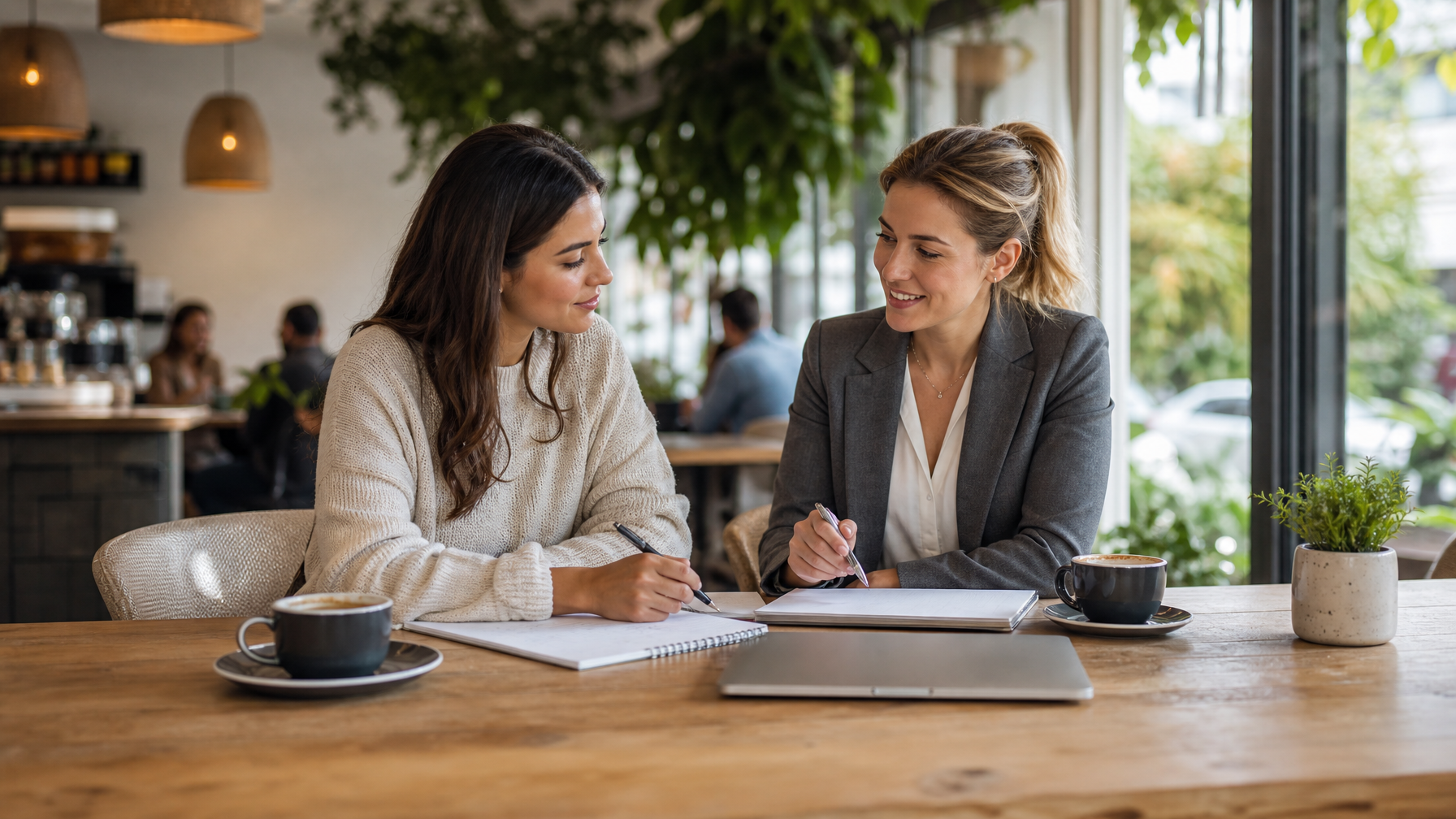 Female host meeting calmly with a tax advisor over coffee notebooks and a closed laptop