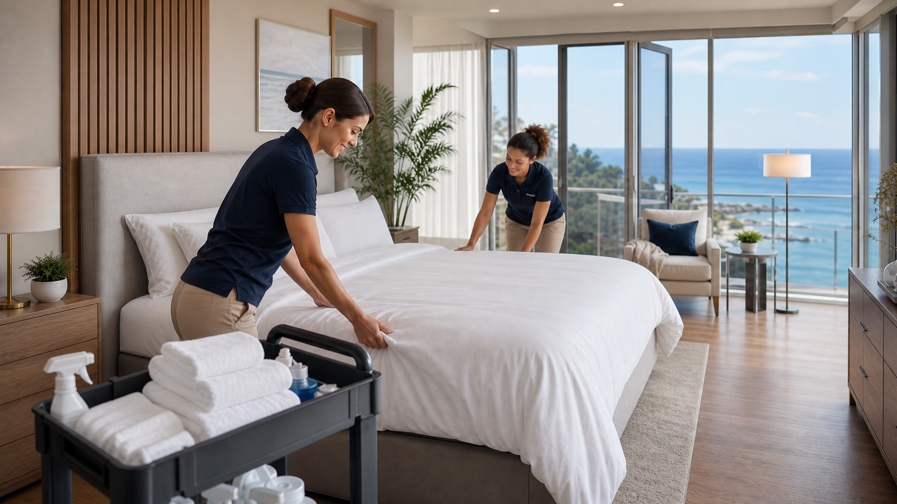 Two hotel-style cleaners making a bed with fresh linens in a bright apartment during a fast guest turnover