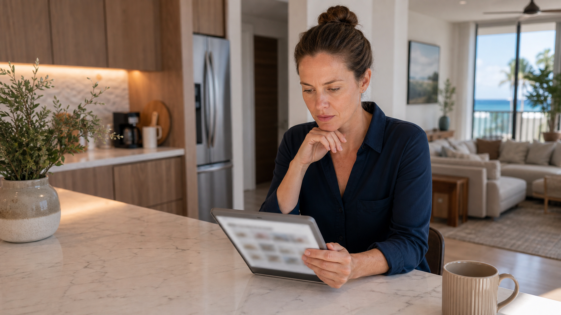 Munich host reviewing a guest's booking details on a tablet in a bright kitchen before an Oktoberfest check-in