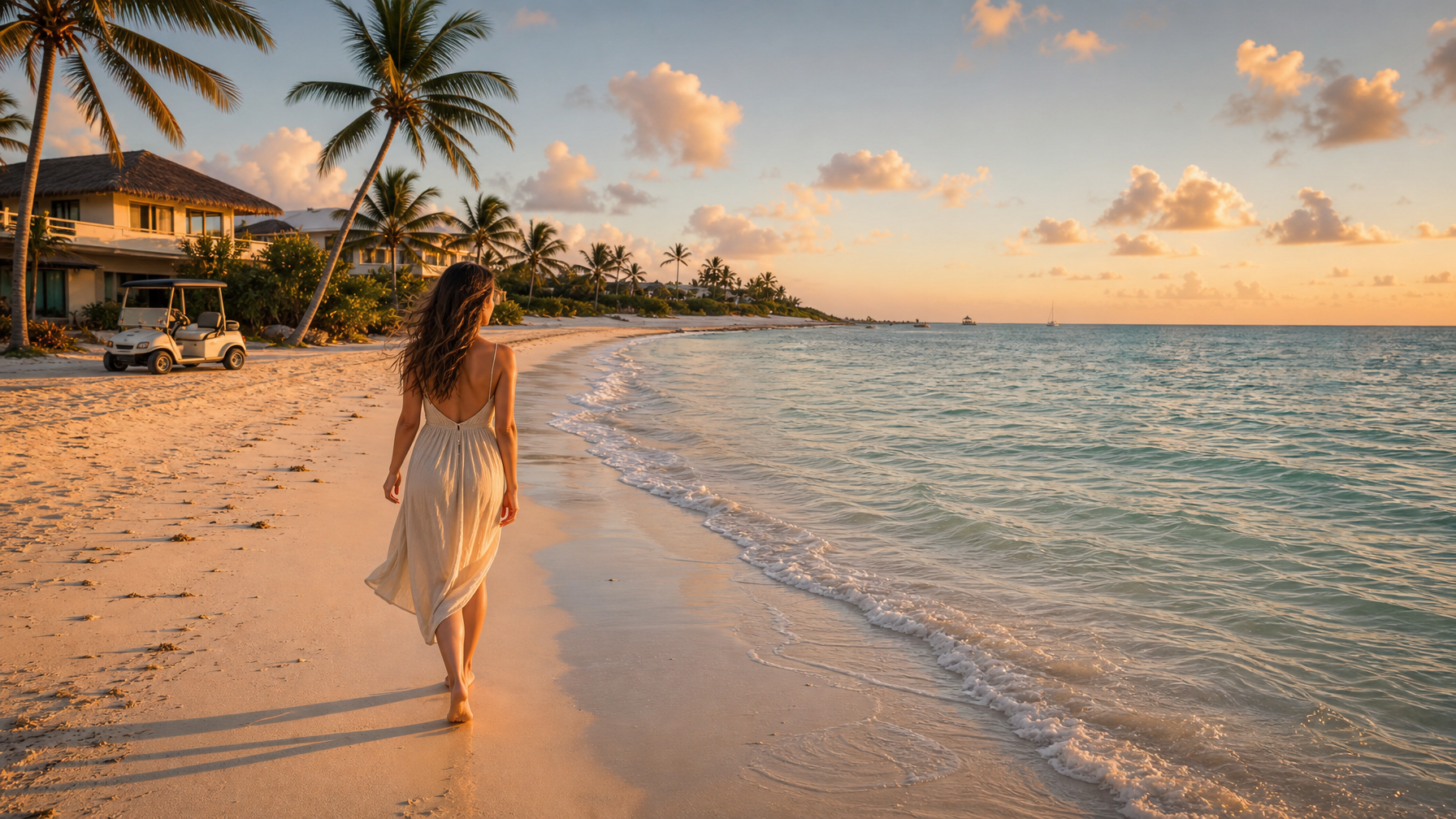 Isla Holbox beach at dusk with a slow, car-free island pace