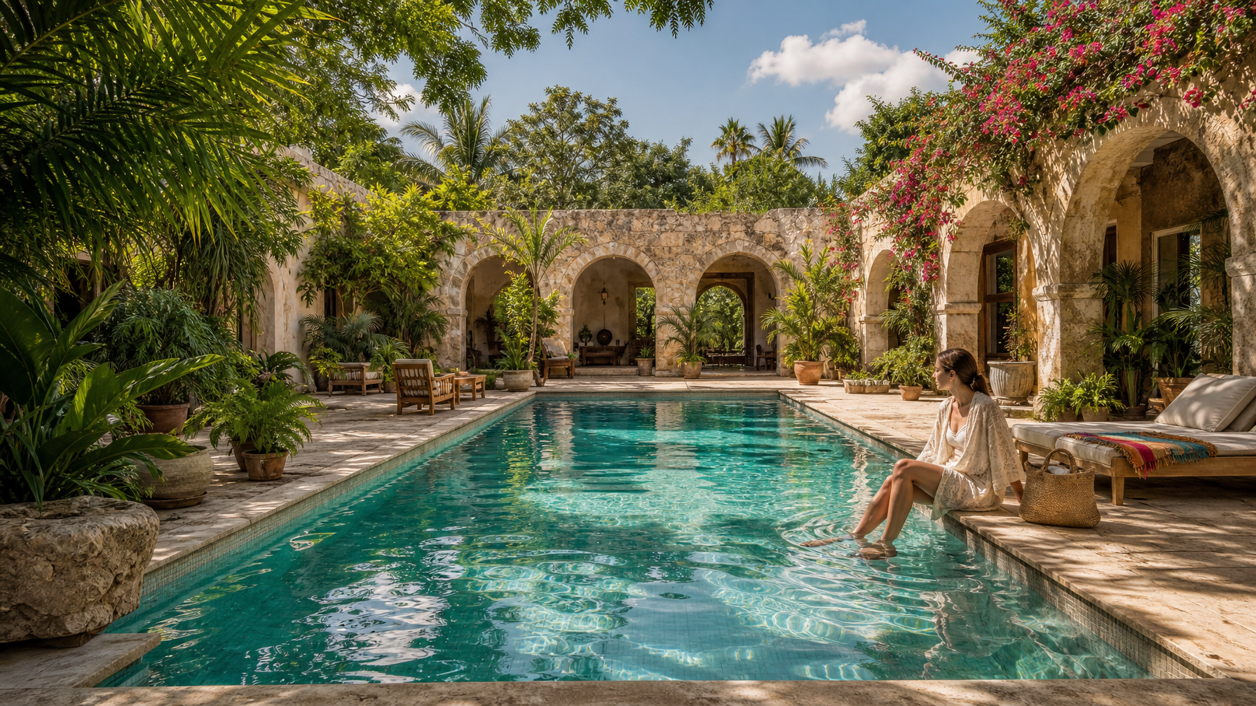 Hacienda-style pool surrounded by stone arches and greenery