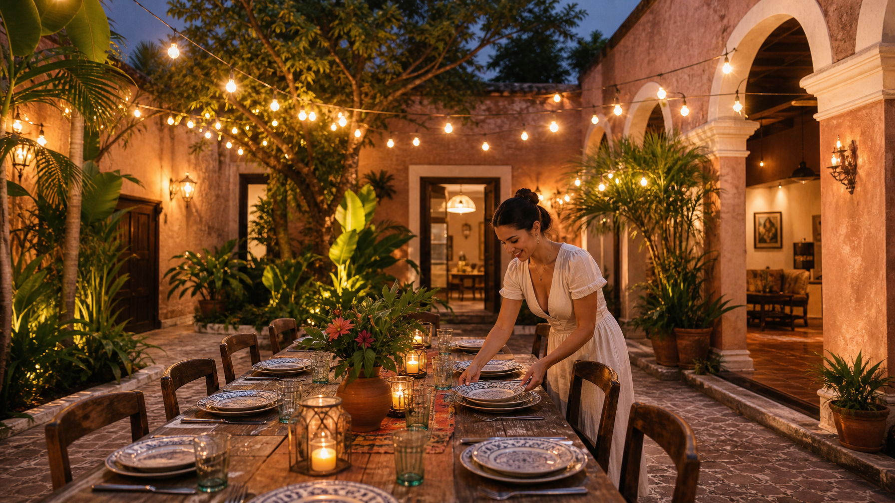 Evening outdoor dining setup in Yucatan courtyard